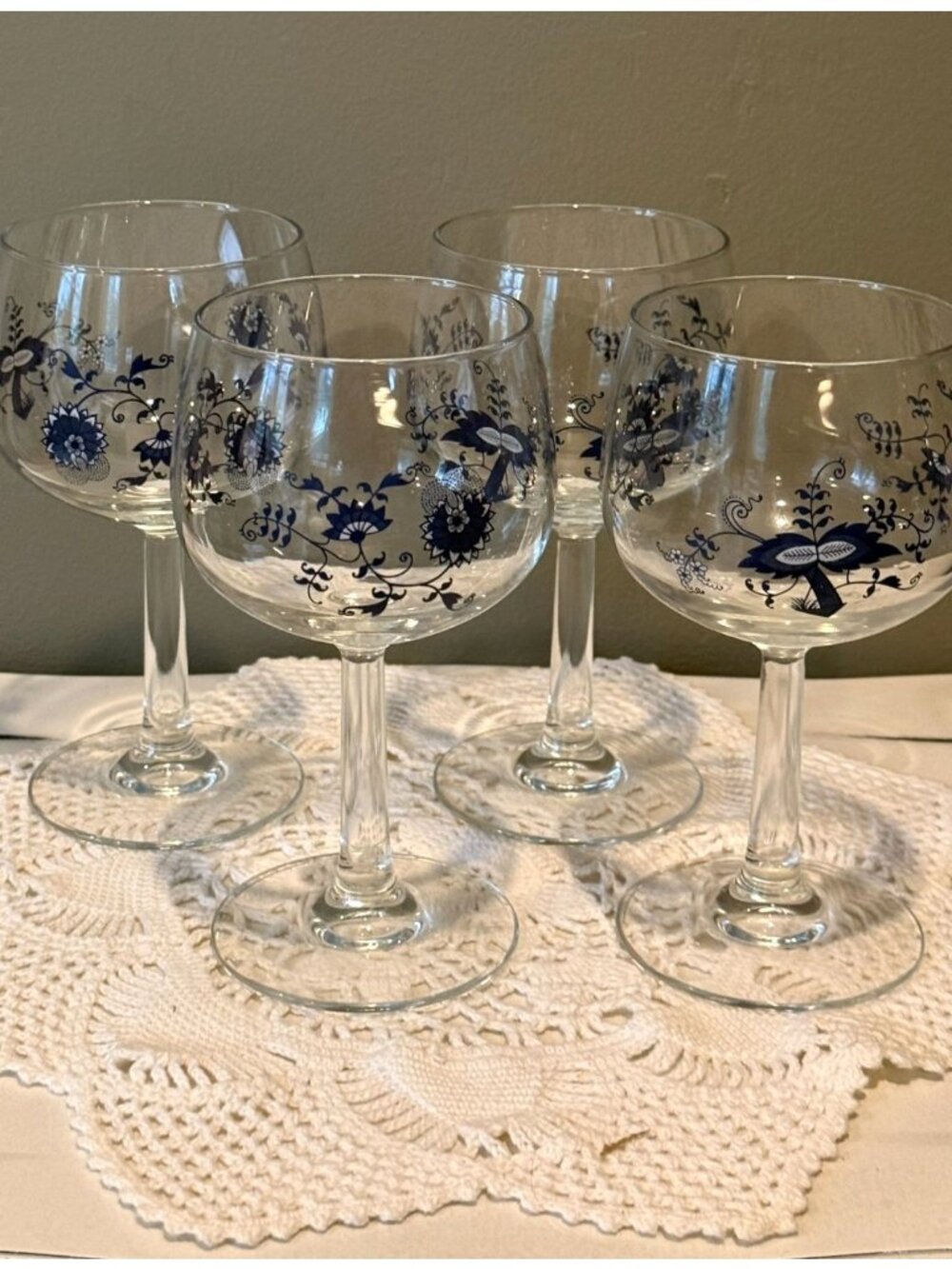 Vintage Blue Danube Wine Glasses Set of 4 Blue Onion Floral Stemware